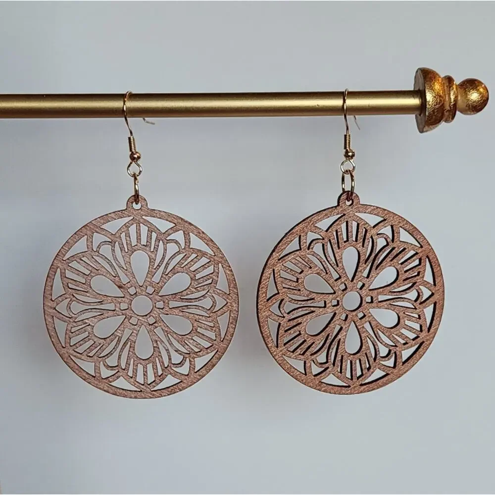Mandala Shaped Pierced Earrings Brown Lightweight Wood Boho Hippie